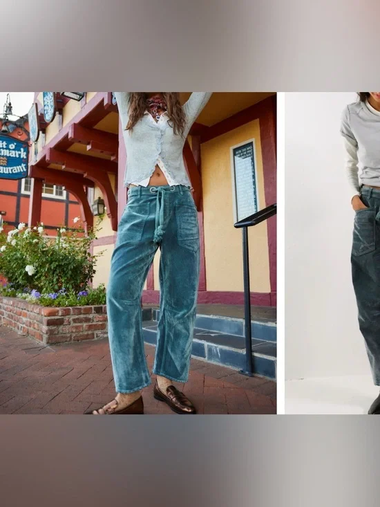 NWOT Free People We The Free Moxie Flocked Pull-On Barrel Jeans green blue 31 IR - Picture 8 of 13